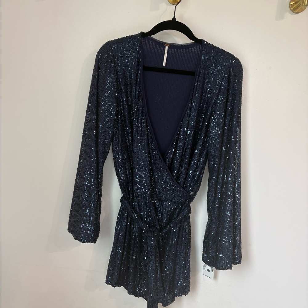 Free People Navy Sequin Wrap Romper